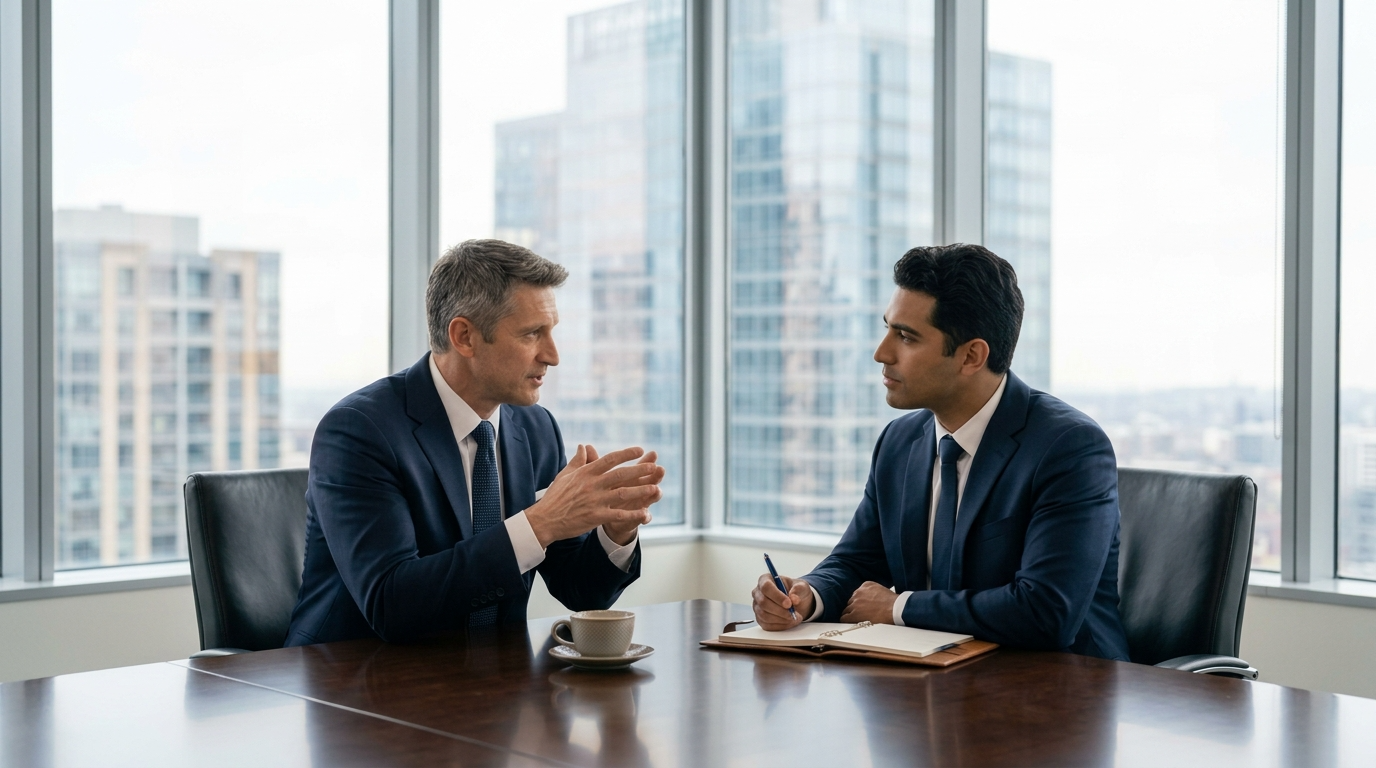 Professional meeting scene representing sponsorship and strategic career dialogue