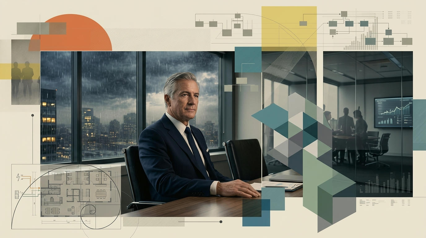 Conceptual editorial portrait of a senior lawyer contemplating his career path, representing the overlooked for partner theme