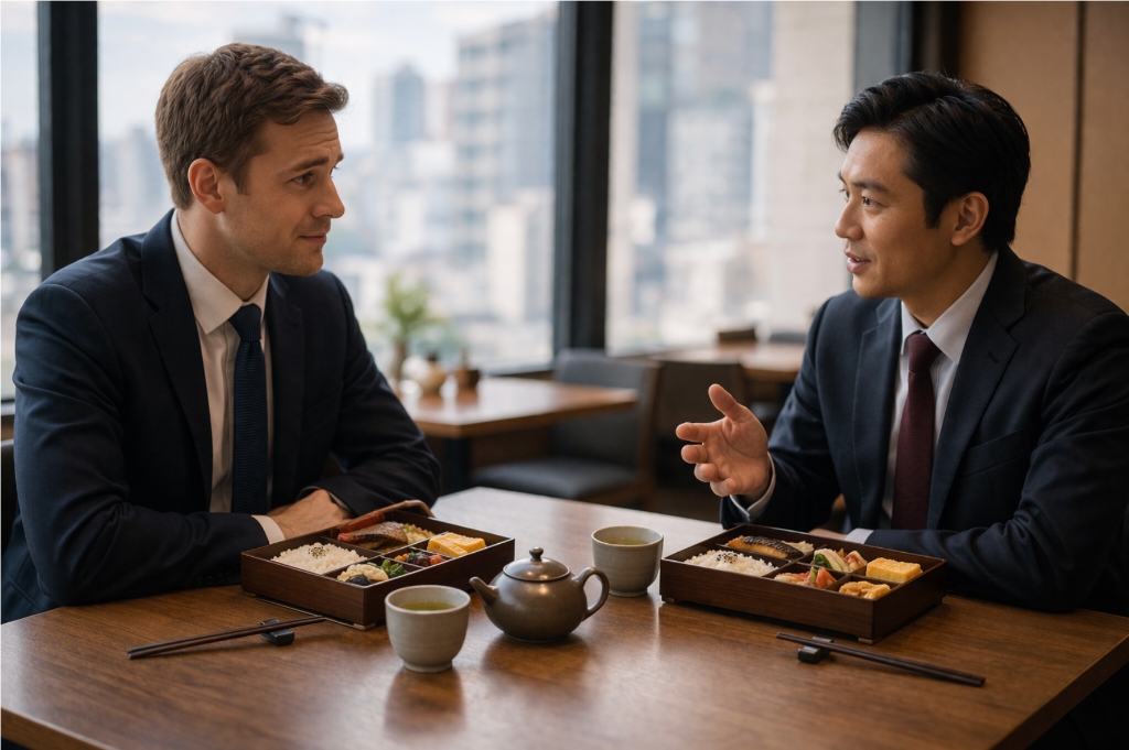 International professionals sitting at a table together reviewing documents in a corporate office setting