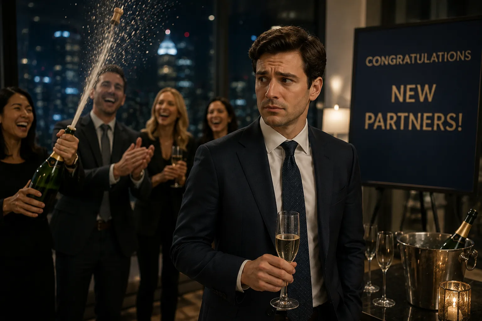A newly promoted partner holding a glass of champagne at a Congratulations New Partners celebration, looking uncertain while colleagues celebrate behind him