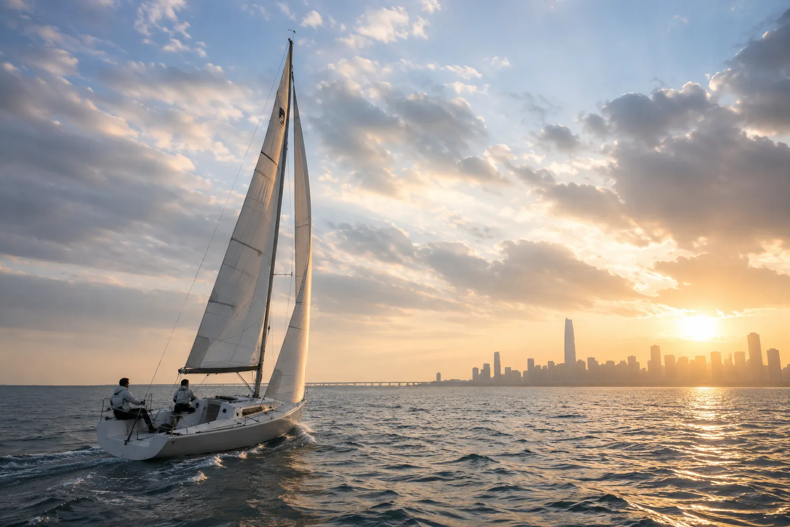 Two sailors navigating a sailboat toward a city skyline at sunset, a metaphor for steering through the partner transition