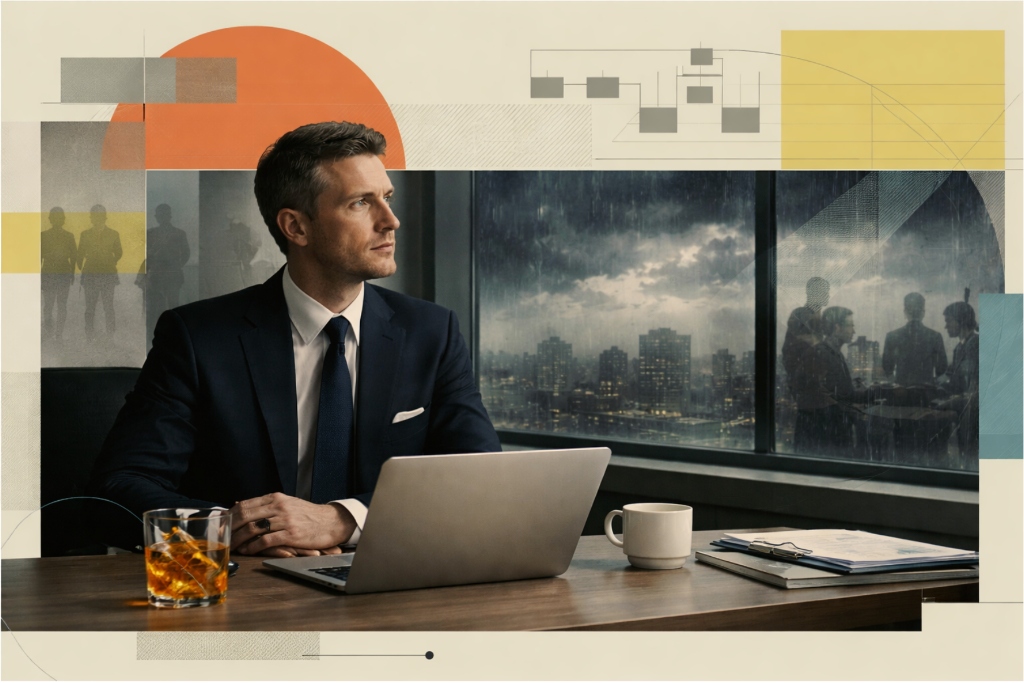 Law firm partner sitting alone in a corporate office, reflecting on the isolation of leadership transition