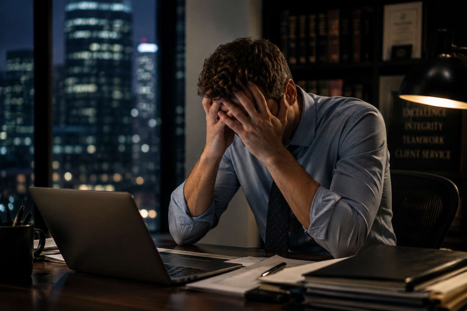 A lawyer sitting alone at his desk at night, head in hands, weighed down after being passed over for partner