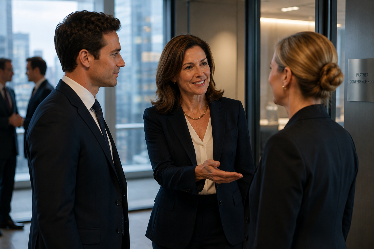 A senior partner speaking with two colleagues, illustrating the sponsorship conversations that decide who advances