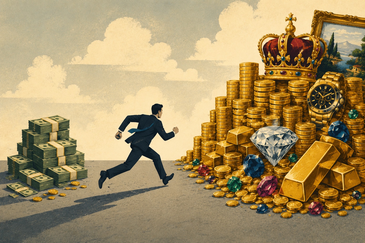 Editorial illustration of a lawyer in a suit sprinting toward a towering pile of gold coins, bars, gems, a crown, and a luxury watch